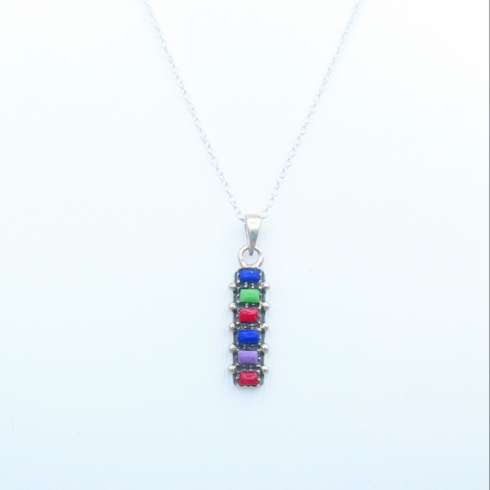 925 Sterling Silver Lapis Lazuli Jade Jasper SOUTHWESTERN Bar Pendant Necklace